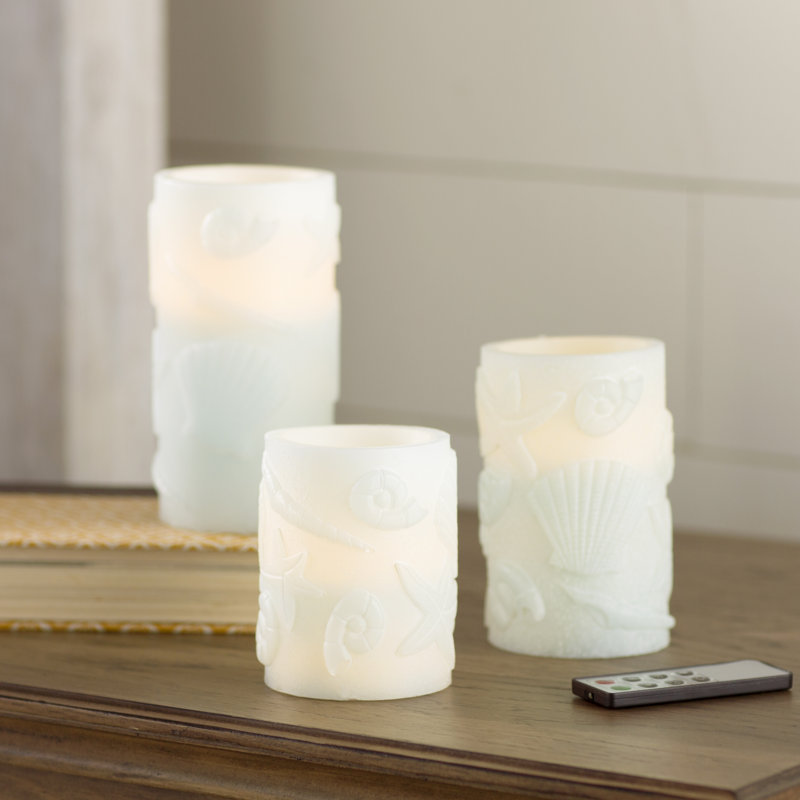 Highland Dunes 3 Piece Seashell Embossed Flameless Wax Pillar Candle